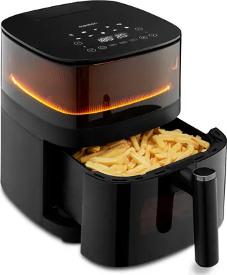 A black air fryer with a transparent window showing french fries inside, illuminated by an orange light.