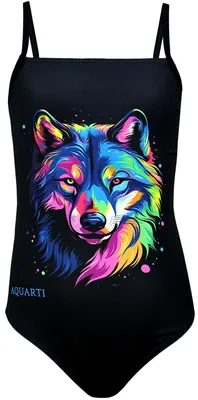 Produktbild von Aquarti Mädchen Badeanzug mit Spaghettiträgern Streifen – Sport Badeanzug Mädchen, Chlorresistent, Farbe: Wolf / Schwarz, Größe: 122