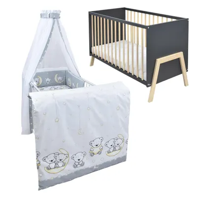 Produktbild von Babybett Kinderbett Gitterbett Juna 60x120 Anthrazit Schutzgitter Matratze Bettwäsche Set 10tlg Teddy Mond Grau