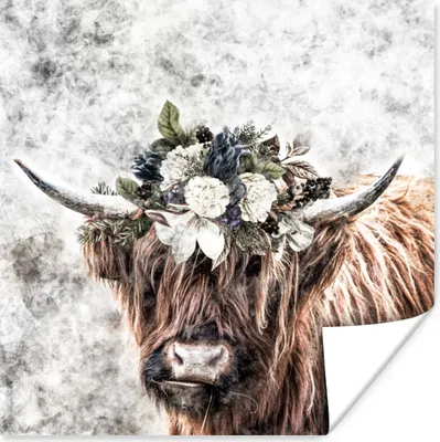 Produktbild von MuchoWow® Poster Schottisches Hochlandrind - Schottische Kuh - Blumen 75x75 cm - Wand Dekoration