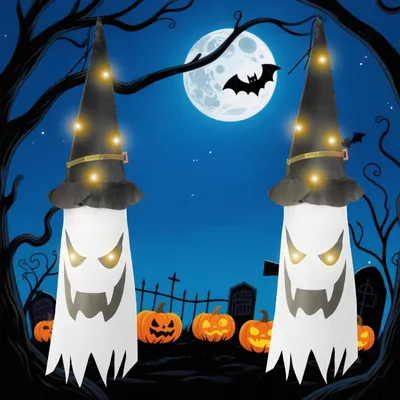 Productafbeelding van Halloween decoratie spoken - Set van 2 - Halloween decoratie hangende spoken met heksenhoed - Voortuin - Buiten - Terras