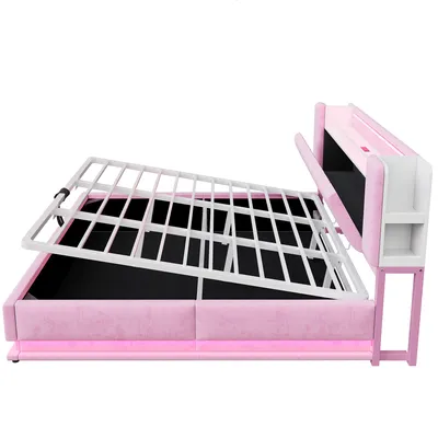 Produktbild von Flieks Hydraulisches Polsterbett 180x200cm mit Usb und Type-C, Doppelbett mit Stauraum, Stauraumbett Jugendbett mit Led, Samt, Rosa