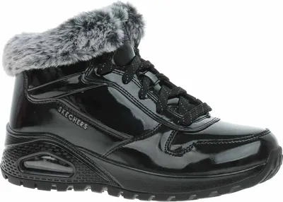 A black Skechers boot with gray fur trim.