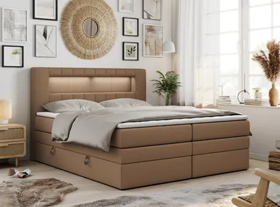 Produktbild von Boxspringbett mit LED Kopfteil und Topper - GOLD-5-KING - 200x200cm - Braun - Mittelfest (H3)