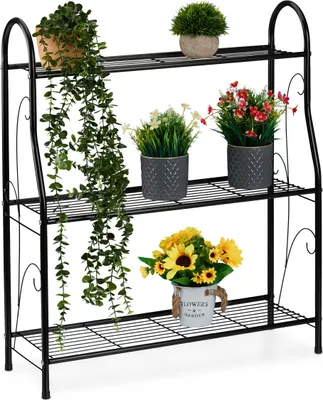 Immagine prodotto di Scaffale per fiori Relaxdays con 3 ripiani, vasi per fiori e piante, metallo, scala per piante, A x L x P: 83 x 71 x 24,5 cm, nero