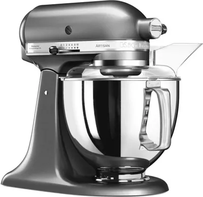 A gray KitchenAid Artisan stand mixer is shown against a white background.