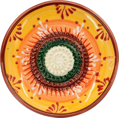 Produktbild von Kaladia Keramik Reibeteller  Weiß / Dunkelgrün / Orange / Gelb  - handbemalt - Durchmesser ca. 12cm