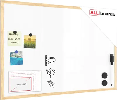 Zdjęcie produktu dla Tablica suchościeralna magnetyczna biała 90x60 cm  rama drewniana natural
