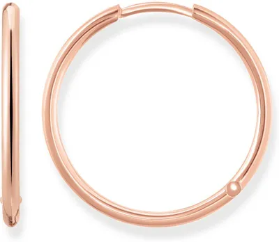A pair of rose gold hoop earrings on a white background.