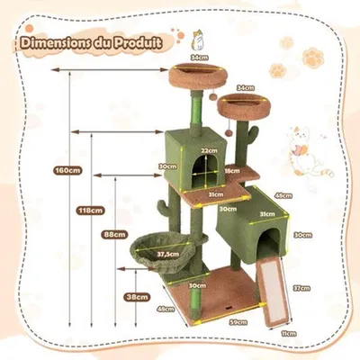 Image de Arbre à chat – 152 cm de hauteur – avec des perchoirs, un hamac et des griffoirs en sisal, de couleur verte