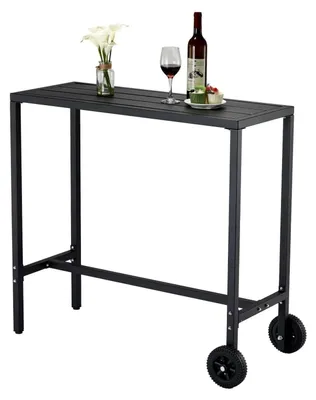 Zdjęcie produktu dla Stół barowy na kółkach – metalowy stół o wysokości barowej – 100 cm – regulowane nóżki – prostokątny – do użytku wewnątrz i na zewnątrz – czarny