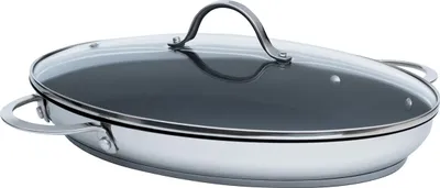A stainless steel fish pan with a glass lid, shown from a side-diagonal angle.
