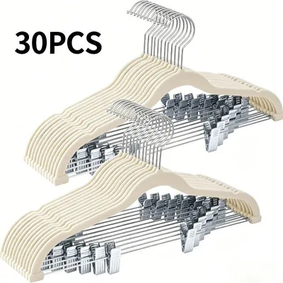 Produktbild von Kleiderbügel Samt 30er Set – rutschfest, robust, platzsparend  Hosenbügel mit verstellbaren Clips  – für Hosen, Röcke, Jacken, Kleider , Cremeweiß