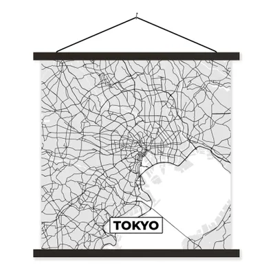 Produktbild von MuchoWow® Textilposter Tokio - Stadtplan - Schwarz und weiß - Karte 60x60 cm mit schwarzem Rahmen - Posteraufhänger