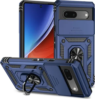 Image de Étui pour Google Pixel 7A étui double couche avec couvercle coulissant pour appareil photo et support annulaire bleu