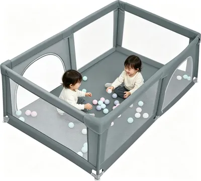 Produktbild von Laufstall Baby Laufgitter 180x120cm Rutschfester Absperrgitter mit Atmungsaktive Netz Schutzgitter Kind Playpen Set mit Bällen Grau