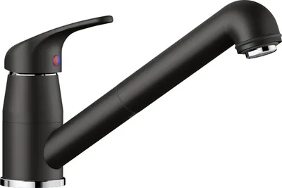 A black kitchen faucet with a silver base and spout tip, shown against a white background.