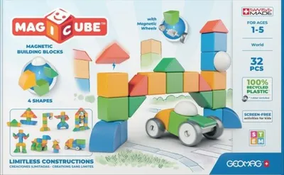 Obrázok produktu pre Geomag - Magiccube 1+ tvary - Magnetické kocky pre deti - 4 farby a tvary - 32 kociek - 100% recyklovaný plast