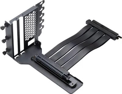 A black computer hardware component with a riser cable, isolated on a white background.