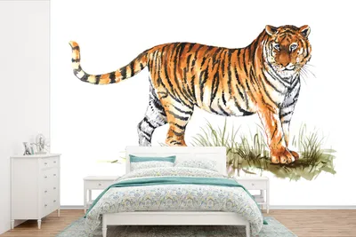 Produktbild von MuchoWow® Fototapete für Wohnzimmer oder Schlafzimmer Wandtapete Vinyl Motivtapete Tiger - Gras - Weiß - 420x280 cm - Zimmer für Kinder