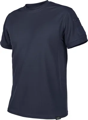 A navy blue t-shirt is shown from a front-side angle against a white background.