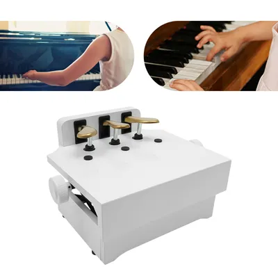 A collage of images showing children playing the piano and a piano pedal extender.