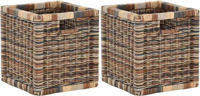 Produktbild von KRINES HOME Stabiles Set / 2 Regalkorb mit Holzrahmen Schubfach aus echtem Rattan / Schübe Box zur Aufbewahrung Regalkorb Schrankkorb Griff (Mehrfarbig, Set 28x29x30)