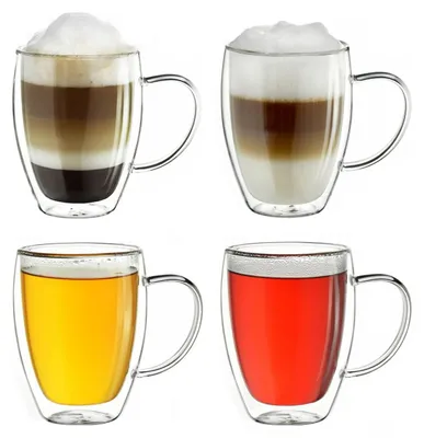 Produktbild von Creano doppelwandiges Thermoglas mit Henkel 400ml, großes Doppelwandglas aus Borosilikatglas, Kaffeegläser, Teegläser, Latte Gläser 4er Set