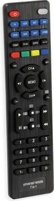A black universal remote control with various buttons.