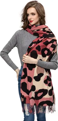 Produktbild von Glamexx24 Damen XXL Schal Kuscheliger warmer Leoparden Muster 3 farbiger Fransen Poncho Schal Oversized Deckenschal Rosa-Beige-Rot