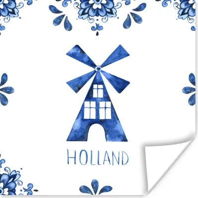 Produktbild von MuchoWow® Poster Delfter Blau - Holland - Windmühle 50x50 cm - Wohnzimmerdekoration