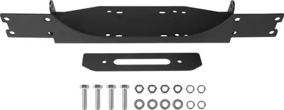 A black metal winch mount and hardware are laid out on a white background.