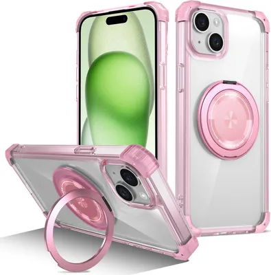 Obrázek produktu pro Pouzdro pro iPhone 15 magnetický držák prstenu, stojánek, kompatibilní s MagSafe, vojenská ochrana, průhledné pouzdro Růžový