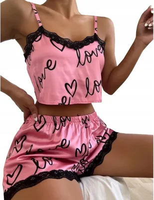 Produktbild von Satinpyjama - Damen - mit Spitze - Zweiteiliger Pyjama - Kurze Hose und Nachthemd - Einheitsgröße - Rosa