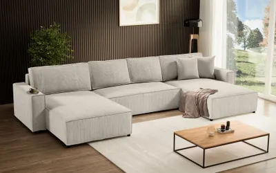 Produktbild von Ecksofa Parys U  Eckcouch mit Schlaffunktion und Bettkasten  U-form Polsterecke aus Cord-Bezug  390 cm Ecke u-förmig, Farbe: Beige, Poso 100