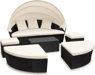 Produktbild von CASARIA® Sonneninsel Lounge Set ø226cm Polyrattan Faltbares Sonnendach Tisch 7cm Auflagen Wetterfest Outdoor Sonnenliege Gartenliege schwarz
