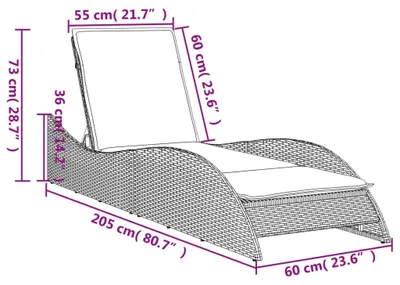 Productafbeelding van vidaXL Zonnebed met kussen, zwart, 60x205x73 cm, polyrotan