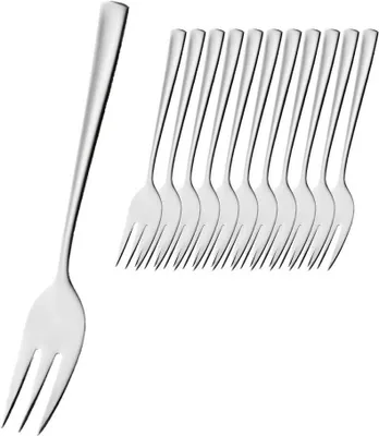A set of dessert forks arranged on a white background.