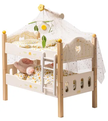 Hölzernes Puppen-Stapelbett mit Bettwäsche, 2-in-1