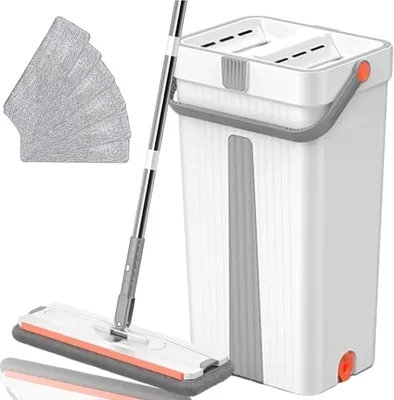 Produktbild von Bodenwischer, Wischmops, Bodenreinigungsset, Wischmop mit Auswringfunktion, mit Eimer 2 Kammern, Nass- & Trockenmopps