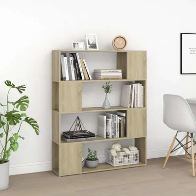 A bookshelf filled with books and decorative items in a room.