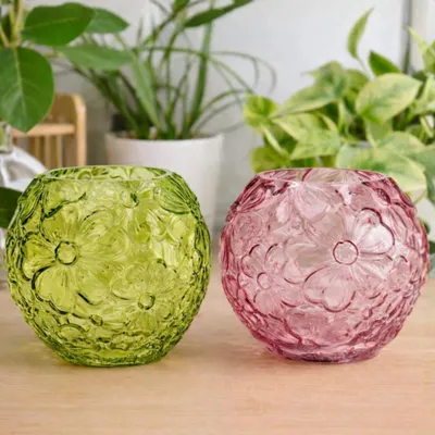 Produktbild von Blumenvasen Set, Glas in Rosa / Grün mit Blumen-Muster, Ø 20 cm