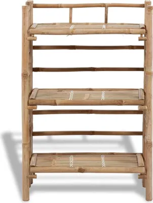 A three-tiered bamboo shelf unit is shown against a white background.