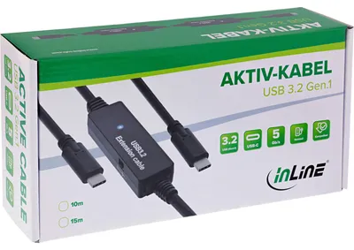 Produktbild von InLine USB 3.2 Gen.1 Aktiv-Kabel, USB-C Stecker an USB-C Stecker, schwarz, 10m, 10 m, USB C, USB A, USB 3.2 Gen 1 (3.1 Gen 1), 5 Gbit/s, Schwarz