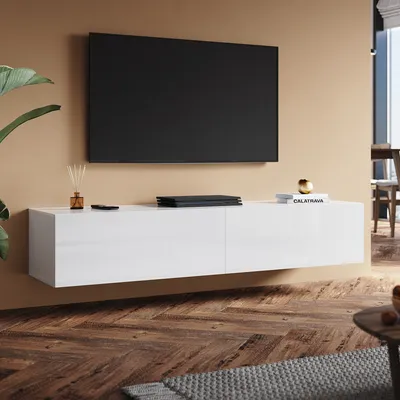 Produktbild von SONNI TV-Schränke weiß Hochglanz hängend holz 160 x 40 x 30cm Wandhängend, bodenstehend Niedriger Schrank