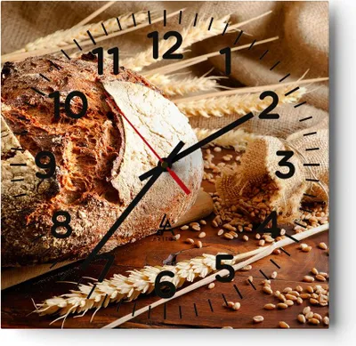 Produktbild von Wanduhr - Quadrat - Glasuhr - Brot Bäckerei Lebensmittel Roggen - 40x40cm - Schleichendes Uhrwerk - Lautlos - zum Aufhängen bereit - Dekoration Modern - Wanddekoration aus Glas - C4AC40x40-2246