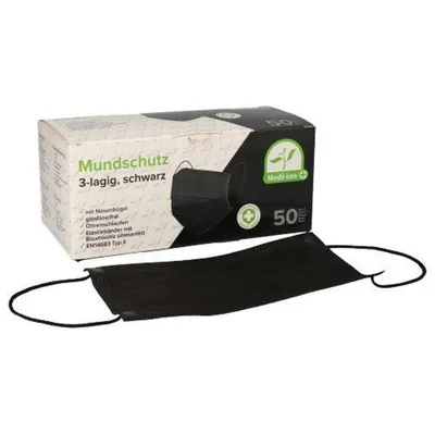 Produktbild von 50 "Medi-Inn" Mundschutz Type II 3-lagig 9 cm x 17.5 cm schwarz mit Nasenbügel