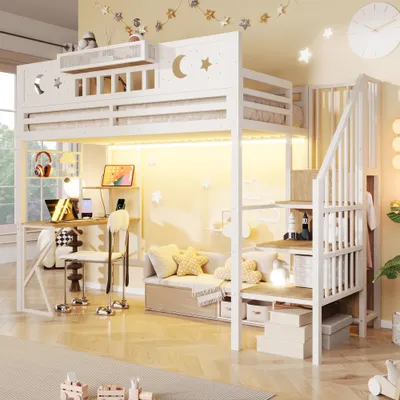 Image de Lit superposé en fer avec bureau, panneau perforé, étagères, barrière de sécurité, port USB, éclairage LED, pieds en forme de "K", sans matelas, de couleur blanche, dimensions 90x200 cm