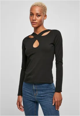 Obrázek produktu pro Dámské tričko s dlouhým rukávem Urban Classics Ladies Crossed Cut Out Longsleeve black - 4XL
