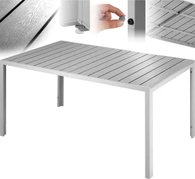 A table with a slatted top and metal legs, shown in a studio setting with inset images highlighting details.